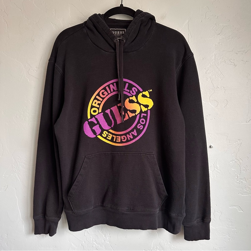 GUESS Men's Black Sweatshirt‎ Hoodie Purple Yellow Logo Size Medium EUC